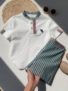 SHEIN 兒童小男孩/小女孩 2件組 春夏休閒學院風短袖POLO衫與條紋短褲套裝 - 綠色 - 查看 3