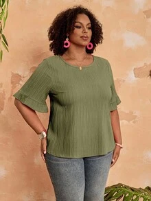 BrightlyHer Blusa de mangas cortas con volantes en el bajo, de talla grande, de estilo sencillo, de moda casual para uso diario y vacaciones, para mujer, primavera/verano - Verde militar - Ver 3