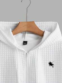 SHEIN EZwear 女款休閒極簡風馬標繡花無袖開襟連帽衛衣，秋冬夏季適用，度假外出穿搭，黑白配色 - 白色 - 查看 5