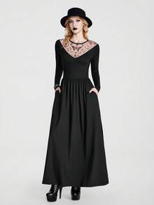 Breakform Vestido punk casual de cuello redondo con patrón de malla en contraste - Negro - Ver 3