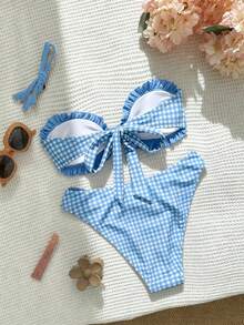 Swim Mod Women's Summer Beach Cute Sweet Plaid Print Ruffle Trim Bikini Set, Suitable For Beach, Casual, Vacation, Holiday, Party Wear - Baby Blue - View 2