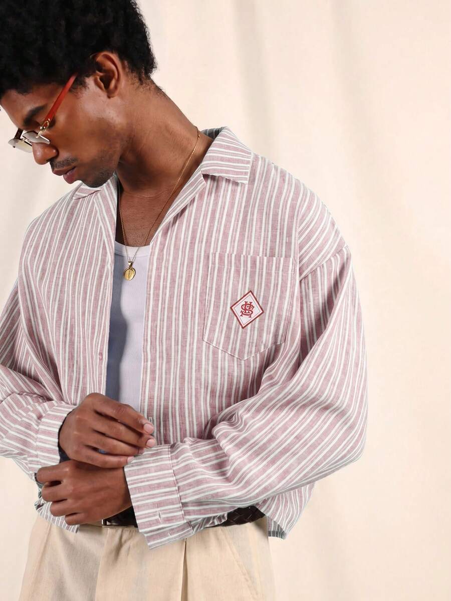 SUMWON Cropped Fit Linen Feel Striped Resort Shirt With Camp Collar, Chest Pocket, And Logo Patch - Baby Pink - View 1