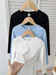 SHEIN Girlism Tween Girl Casual Basic Crew Neck Long Sleeve Cropped T-Shirt Chic Autumn/Winter - Blue - View 6