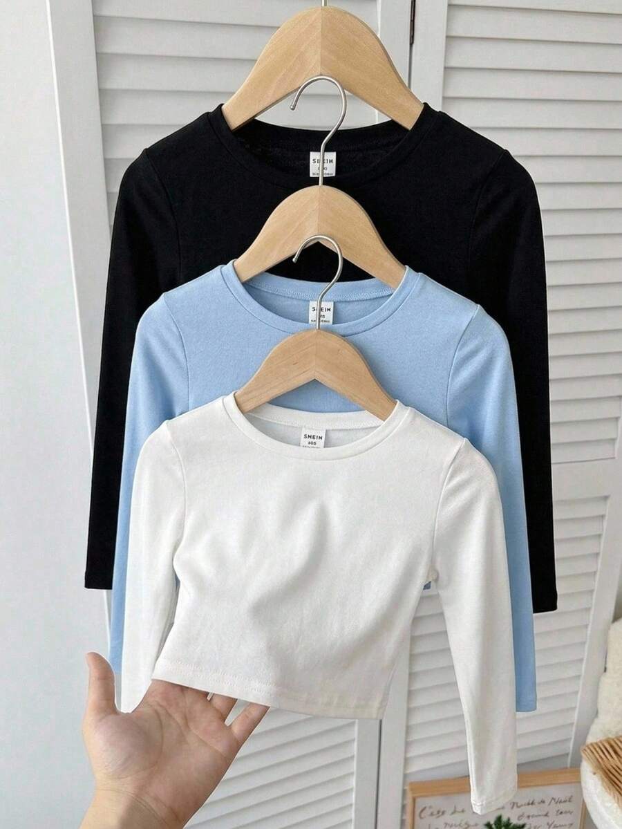 SHEIN Girlism Tween Girl Casual Basic Crew Neck Long Sleeve Cropped T-Shirt Chic Autumn/Winter - Blue - View 1