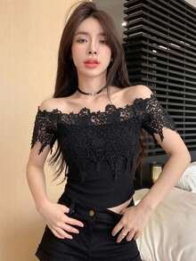 DAZY 女款方領修身性感風 T恤 - 黑色 - 查看 1