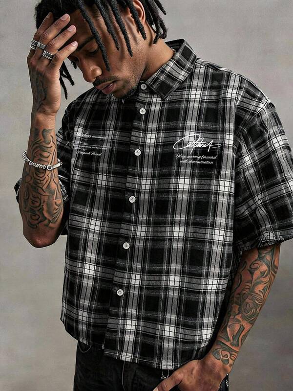 FRESIVO Men's Plaid & Letter Print Casual Versatile Daily Wear Shirt
