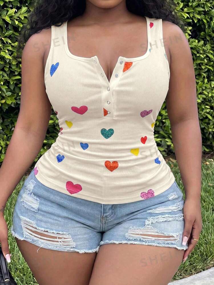 Slaydiva Plus Size Summer Casual Heart Print Tank Top - Apricot - View 7