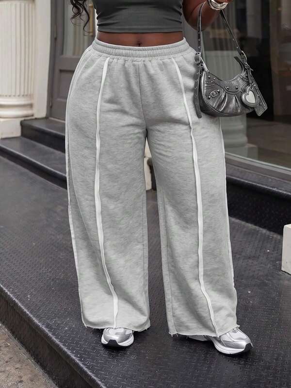Slaydiva Plus Size Women's Pants, Gray Exposed Seam Wide Leg Sweatpan
