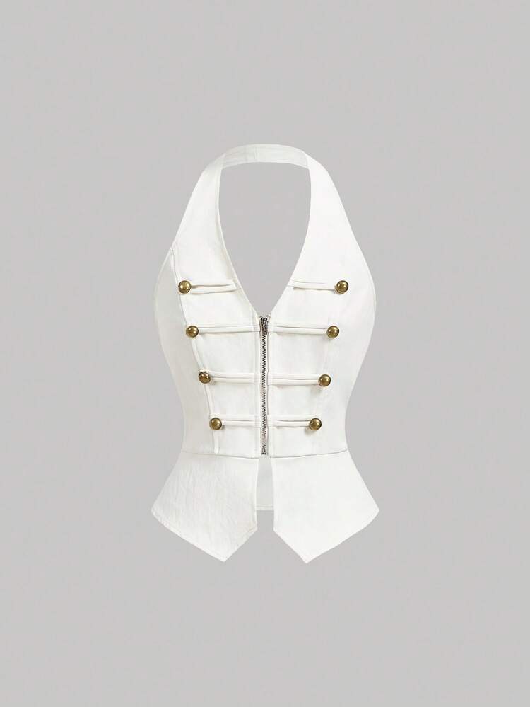 SHEIN MOD All White Metal Buckle Halter Neck Slim Fit Vest Key West Vacation Party Night Out Rave Summer 70s Retro Cute Vintage School Country Y2k.Halloween - Beige - View 7