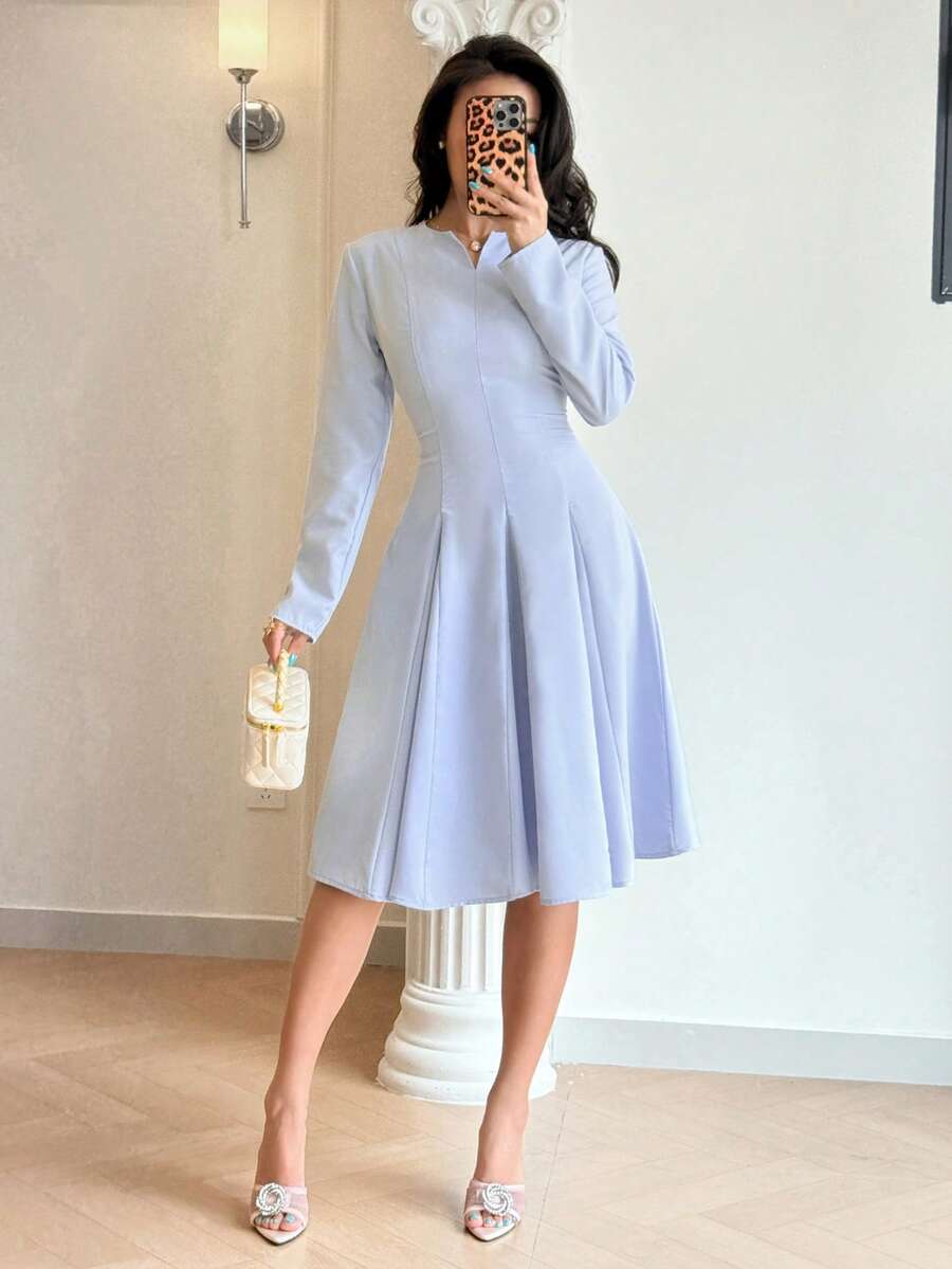 Feyla Women's Solid Color Long Sleeve Pleated Hem Elegant Dress - Blue - View 1