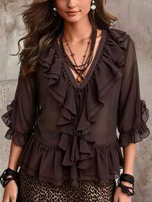 SHEIN Solid Ruffle Trim V-Neck Tie Front Sheer Chiffon Blouse With Flare Sleeves - Brown - View 5