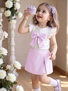 Souflis Souflis 6-9M-2-3Y 嬰兒女童 2 件套，甜美蝴蝶結裝飾飛袖圓領上衣 & 彈性腰粉色開衩短褲，適合日常穿著、聚會及其他場合 - 紫色 - 查看 4