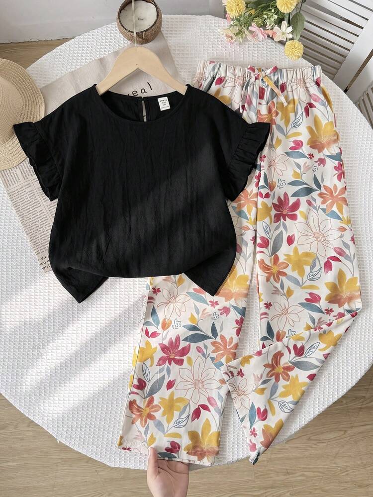 SHEIN 青少年女孩 T-Shirt 套裝 梭織純色短袖上衣搭配碎花長褲休閒套裝 - 黑色 - 查看 1