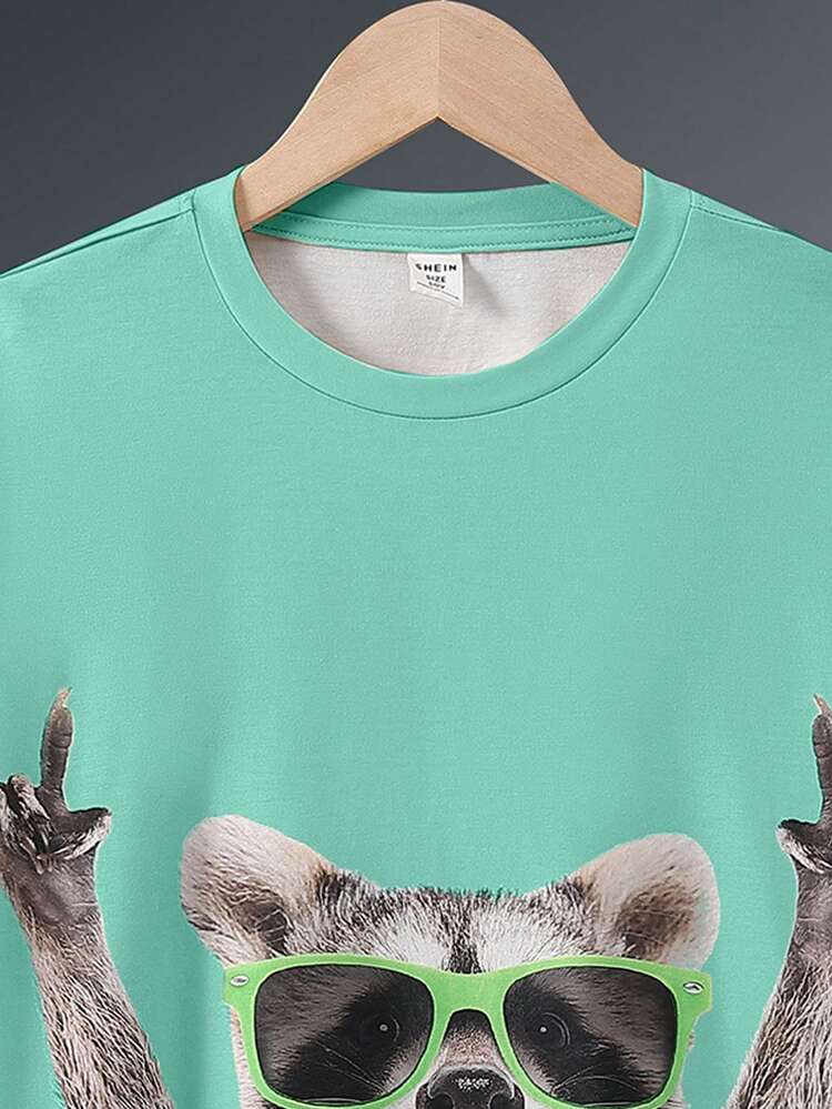 SHEIN Tween Boy Cute Cartoon Animal Print Round Neck Pullover Knit T-Shirt - Green - View 4