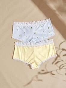 Lullawish Celana Pendek Hipster Motif Garis-Garis dengan Hiasan Pita 3D dan Patchwork Renda - Warna campuran - View 2