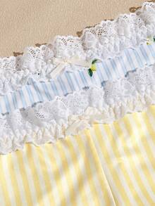 Lullawish Celana Pendek Hipster Motif Garis-Garis dengan Hiasan Pita 3D dan Patchwork Renda - Warna campuran - View 5