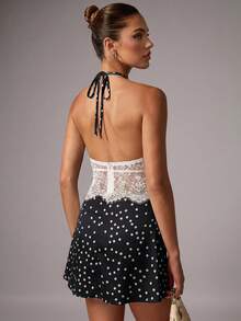 Avenya Summer Black And White Polka Dot Halter Tie Mini Dress, Deep V Backless Lace Patchwork Cinched Waist A-Line Short Sexy Party Vacation Night Out Outfit - Multicolor - View 5
