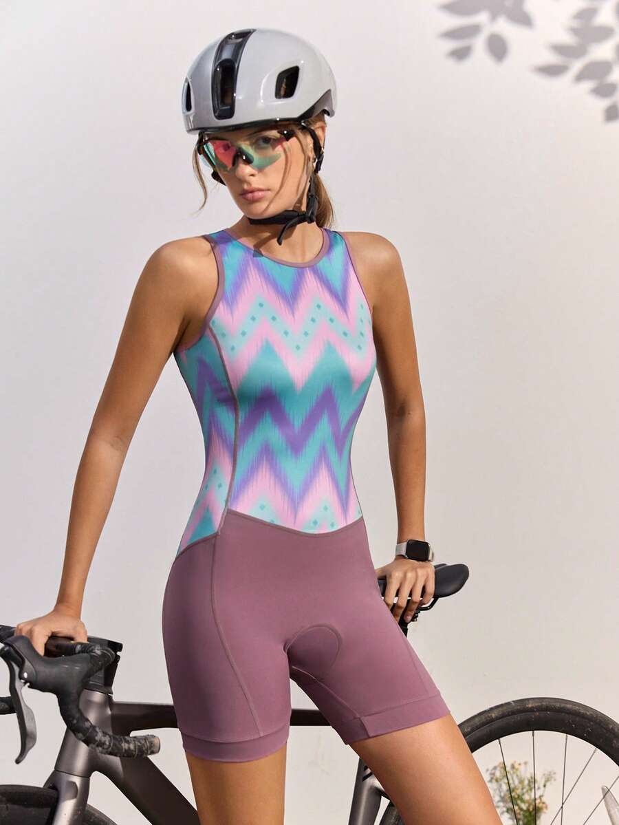 In My Nature Women's Printed Patchwork Slim Fit Romper Cycling Outfit