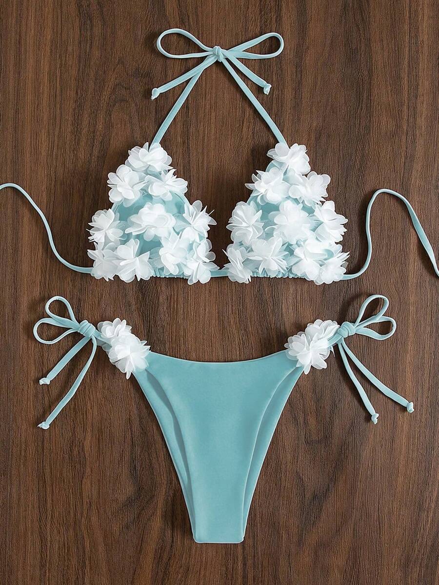 Swim Mod 女款夏季海灘3D花朵裝飾掛脖綁帶性感比基尼三角泳褲兩件式泳衣套裝 - 藍色 - 查看 1