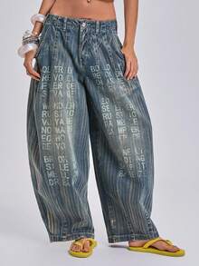 ACID BLVD Colossus Jeans 休閒街頭風復古水洗褪色字母紋理寬鬆牛仔長褲，適合夏季、秋季、冬季 - 深色水洗藍 - 查看 6