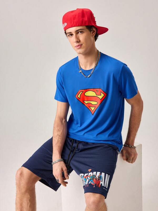 Strevion Men's Minimalist Superman Diamond Pattern Printed Round Neck Short Sleeve T-Shirt, Summer