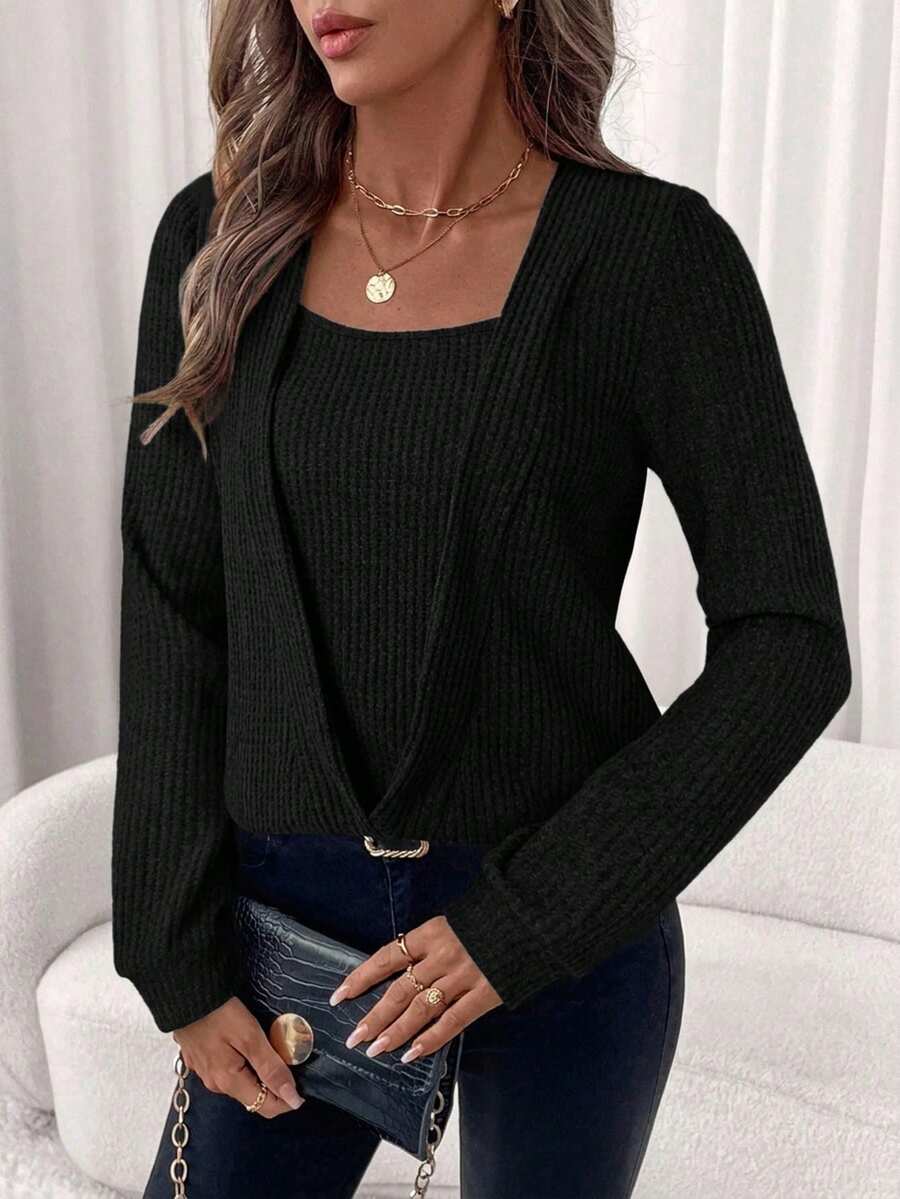 SHEIN Clasi 女款優雅粉色華夫格針織圓領運動衫,適合秋冬穿著 - 黑色 - 查看 1