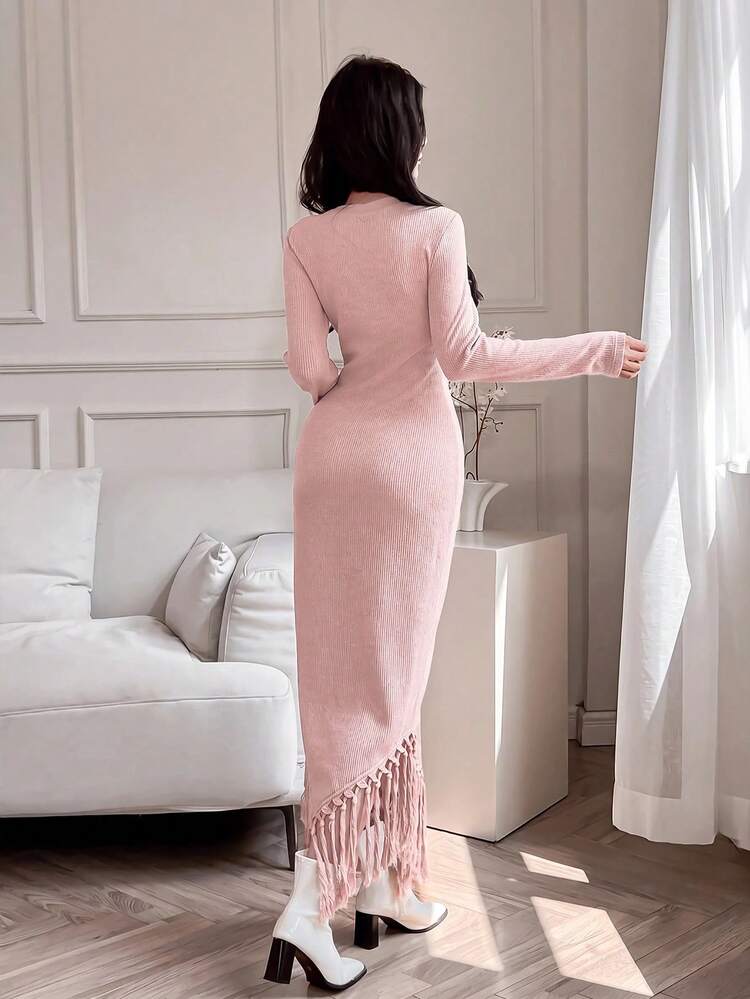 Feyla 1pc Women Solid Round Neck Long Sleeve Fitted Fringed Hem Dress, Minimalist Design Long Evening Dresses - Pink - View 6