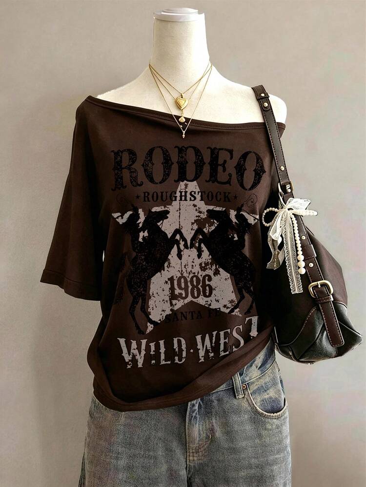 Lalippa Western Cowboy Pattern Print Simple Women's Round Neck T-Shirt, Friend's Gift - Brown - View 1