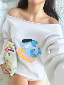 SHEIN EZwear 女款露肩寬鬆休閒長袖運動衫，鯊魚印花，海灘風 - 白色 - 查看 7