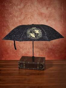 HARRY POTTER X SHEIN 復古校徽黑色膠面可折疊傘，雙用遮陽防雨傘，適合學生通勤，魔幻深色圖案便攜式8骨三折傘，旅行防紫外線傘，男女情侶日常戶外使用 - 黑黃灰色 - 查看 3