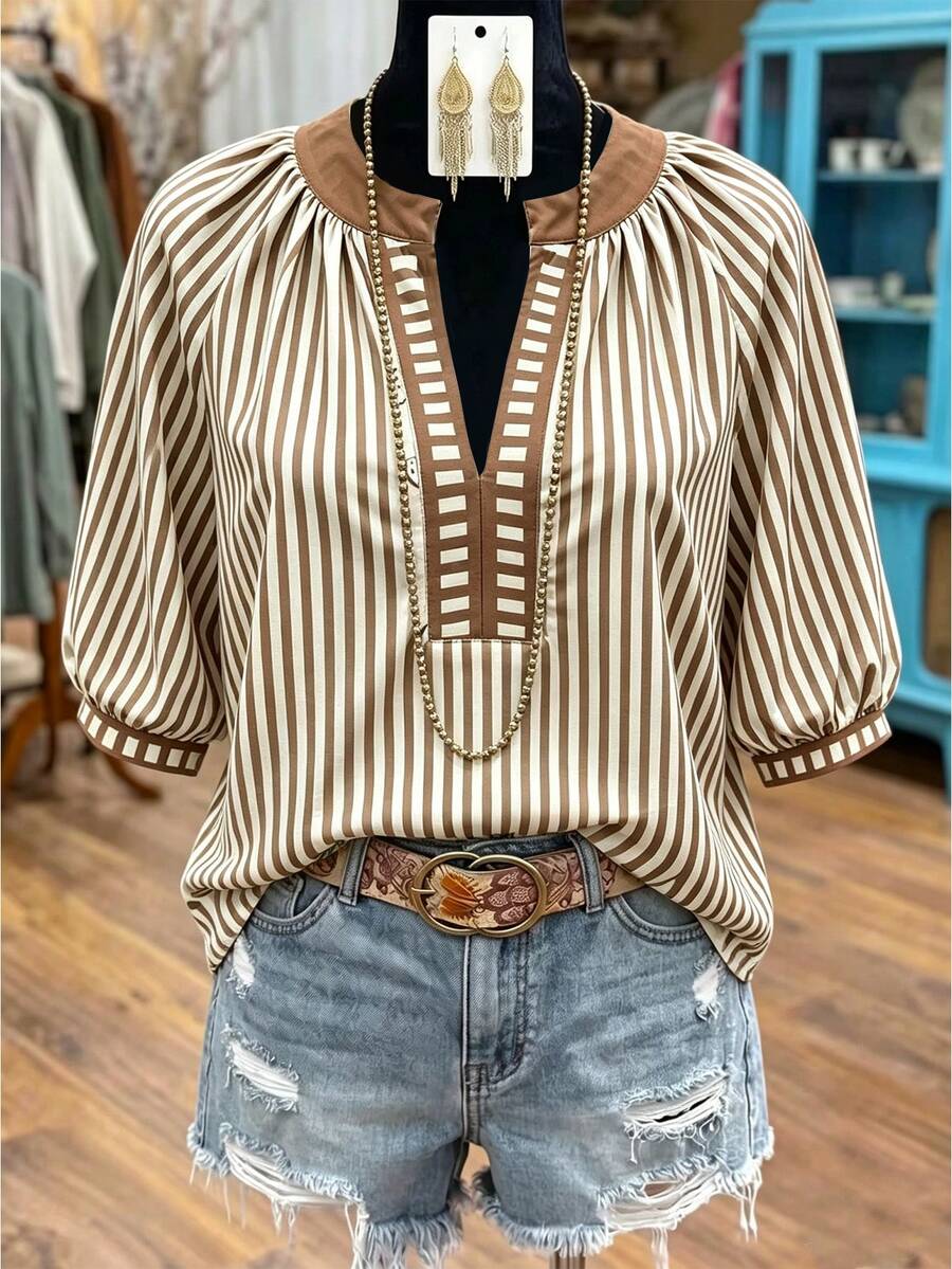 Linhara Fashion Casual Vacation Vintage Elegant Commute 3/4 Sleeve Blue Printed Blouse - Chocolate Brown - View 1