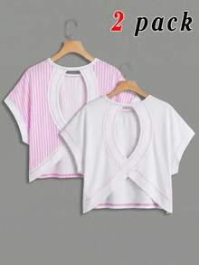 SHEIN Girlism Conjunto de 2 piezas casual y lindo para niña preadolescente, camiseta de manga corta con cuello redondo, espalda abierta cruzada y líneas de contraste, estilo mamá e hija, a rayas rosas, negro y blanco escolar - Multicolor - Ver 4