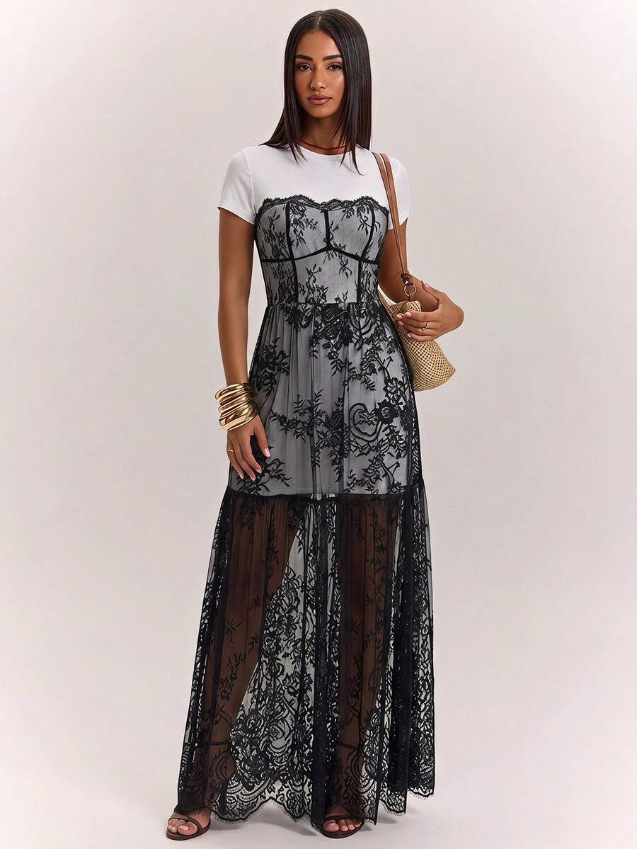 SHEIN BAE 春夏純黑色無袖拼接蕾絲女款長洋裝 - 黑與白 - 查看 1
