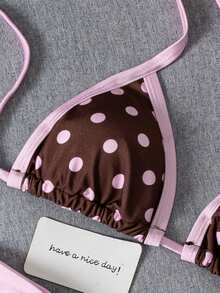 Swim Mod Spring/Summer Full Print Color Block Polka Dot Halter Tie Two Pieces Swimsuit Set - Multicolor - View 4