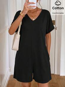Easowa Women's Solid Color V-Neck Short Sleeve Pocket Casual Basic Modest Romper Travel Black Summer Cotton Is Comfortable Everyday Travel Real Pocket - Black - View 2