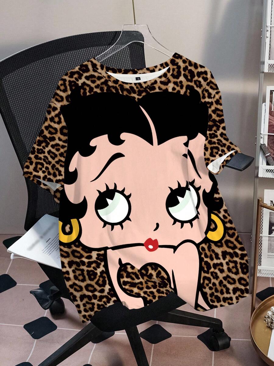 Betty Boop x SHEIN 大尺碼圓領豹紋卡通圖案休閒日常夏季T恤 - 白色 - 查看 1