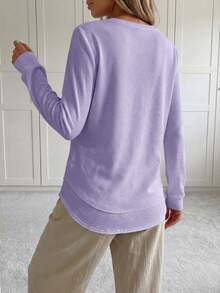 SHEIN LUNE 女款基礎款不對稱下擺華夫格紋休閒舒適衛衣，長袖上衣，返校穿搭，教師穿搭，秋季 - 淡紫色 - 查看 2