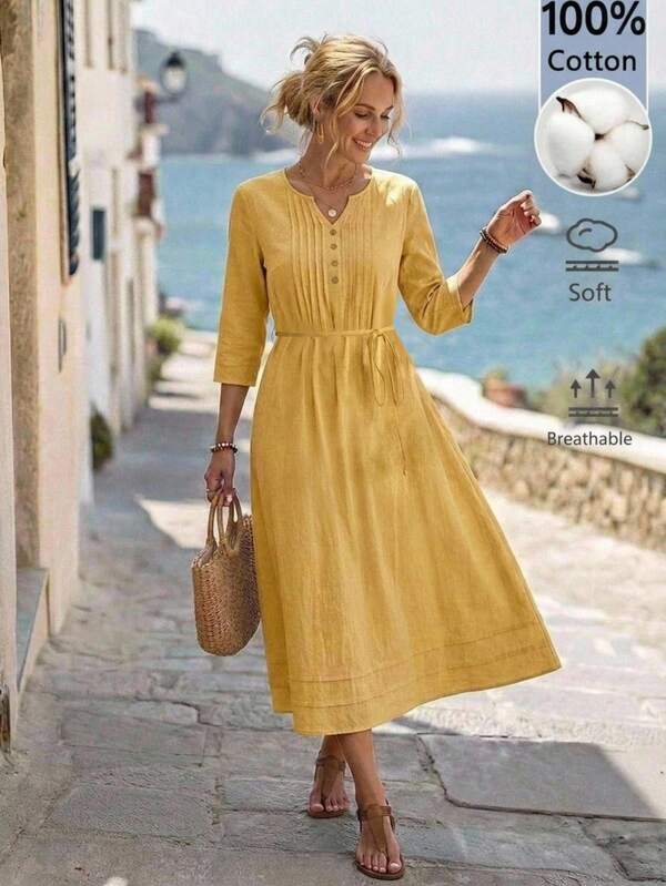 EMERY ROSE Gaun Midi Kasual Elegan Wanita Warna Polos Leher V dengan Desain Lipit, 100% Katun dan Linen, Warna Kuning Mustard, Cocok untuk Liburan Musim Gugur