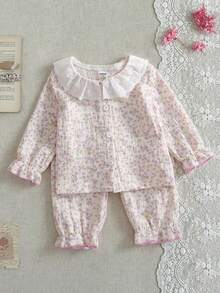 SHEIN Baby Girls Fall Autumn/Winter Pajamas-2 Pieces Floral Ruffle Collar Pajama Set Pink Pastel Long Sleeve Round Neck Button Front Pants Two Pieces Cozy - Purple - View 1