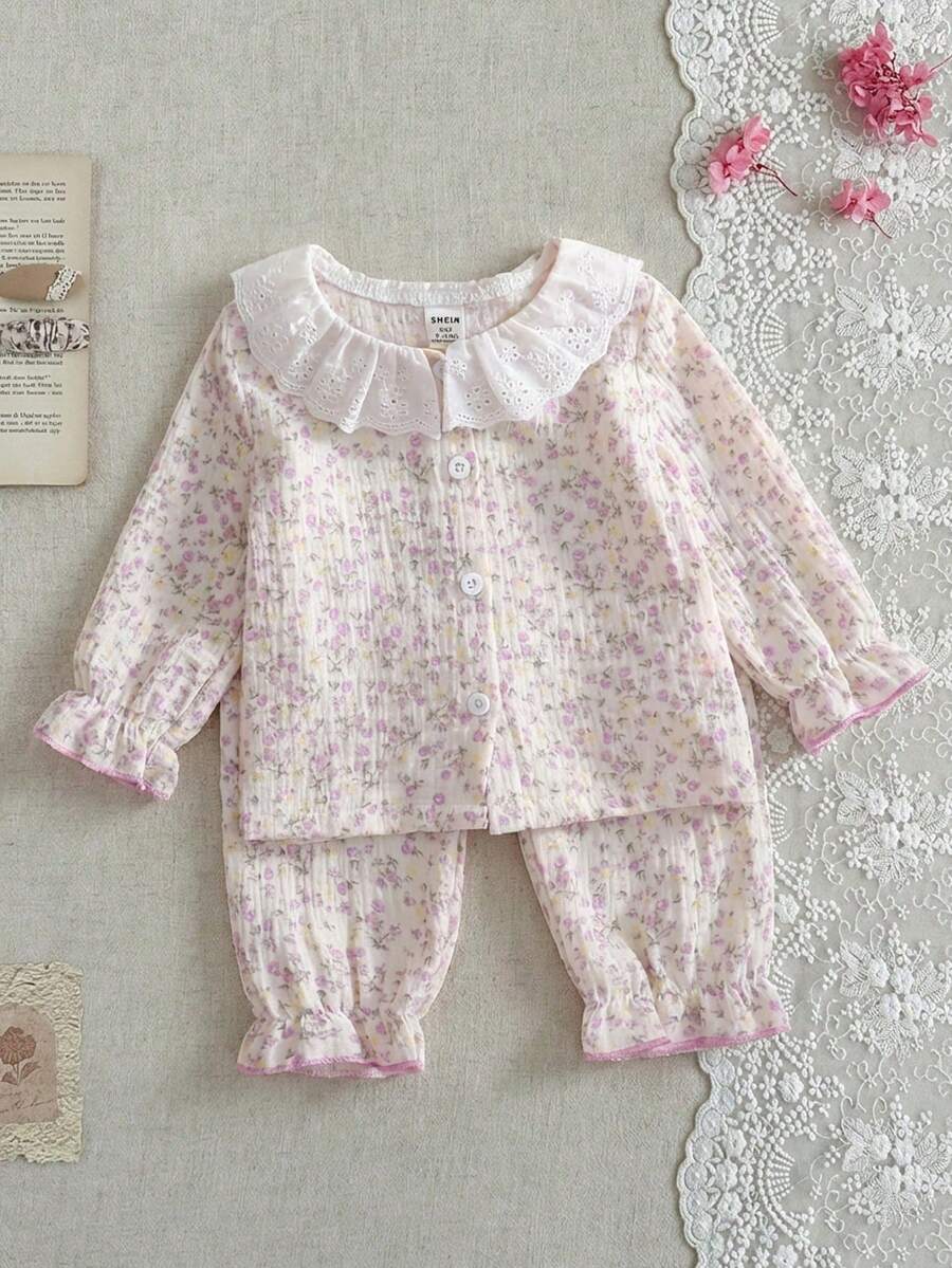SHEIN Baby Girls Fall Autumn/Winter Pajamas-2 Pieces Floral Ruffle Collar Pajama Set Pink Pastel Long Sleeve Round Neck Button Front Pants Two Pieces Cozy - Purple - View 1