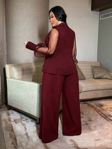 NU&NOW Commuting Design Sense Black Sheer Mesh Patchwork Plus Size Suit Set - Burgundy - View 6