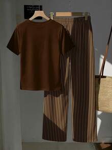 SHEIN EZwear 两件套：刺绣圆领短袖上衣和条纹印花长裤，休闲款 - 彩色 - 查看 2