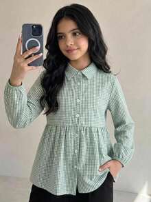 SHEIN 青少年女孩休闲马球领格纹灯笼袖宽松可爱上衣 - 薄荷綠 - 查看 7