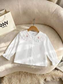 SHEIN 女嬰可愛休閒百搭學院風白色刺繡長袖彼得潘領上衣 - 白色 - 查看 4