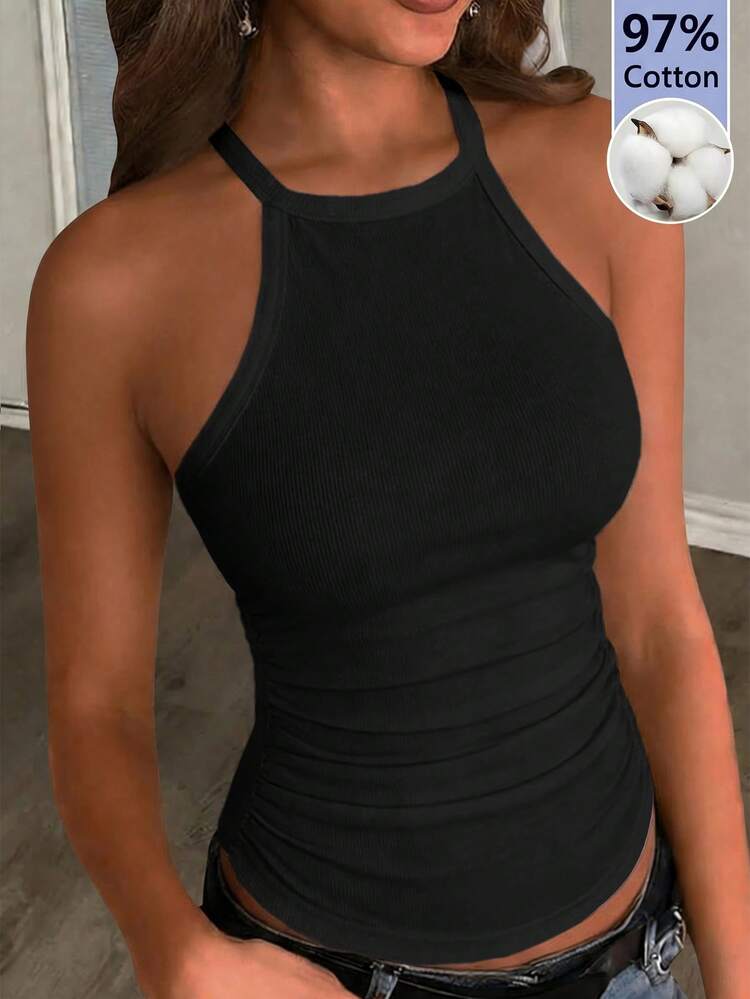 Slaydiva Tank Top Wanita Kasual Dasar Serbaguna Warna Putih Polos Bergaris Leher Bulat Model Racer Back Bahu Terbuka untuk Musim Semi/Panas. Cocok untuk Kencan, Hari Valentine, Musim Pernikahan, Pesta, Klub Seksi, Olahraga, Yoga, Liburan, Pantai, Gaya Boho, Pantai Berpasir, Kembali ke Sekolah, Jalan-jalan Sehari-hari, Pesta, Minum Teh Sore, Pakaian Brunch, Pakaian Bandara. - Hitam - View 1
