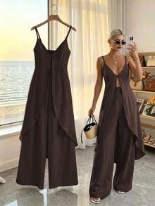 DAZY Spring Summer Casual Vacation Style Long Striped Cami Dress & Long Straight Leg Pants Women 2 Pieces Set - Brown - View 1