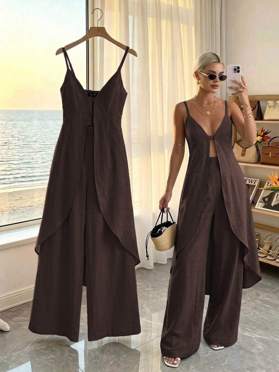 DAZY Spring Summer Casual Vacation Style Long Striped Cami Dress & Long Straight Leg Pants Women 2 Pieces Set - Brown - View 1