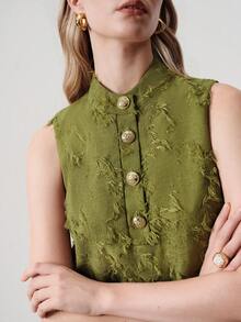Aveloria Modichic Heavy-Duty Tassel Jacquard Fabric, Elegant Design Button Decor Sleeveless Minimalist Versatile Short Mini Dress - Green - View 3