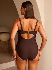 Shapewave Plus Size Women Solid Color Special Fabric Spaghetti Strap Underwire One-Piece Swimsuit Beach Party Summer Brown Sexy Elegant Modest - Brown - View 4