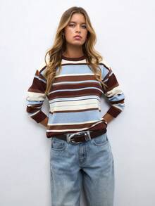 Nöista Stripe Knit Sweater In Brown, Blue & Cream With Crew Neck. Casual, Layering, College, Campus, Everyday, Fall Winter, Back To School, Soft Knit. - Coffee Brown - View 4
